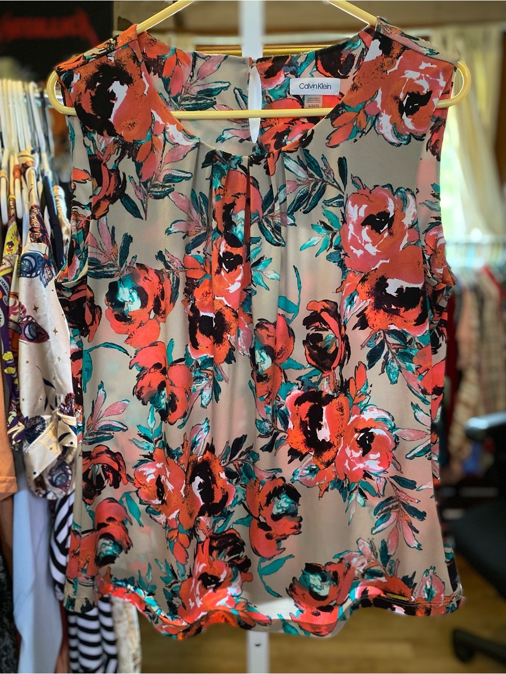 Calvin Klein Coral and Teal Floral Sleeveless Camisole